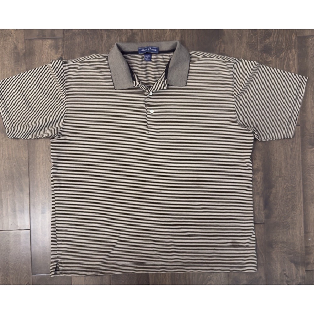 Alan Flusser Polo Shirt Mens XL Tan Striped Mercerized Cotton Golf Short Sleeve - Picture 2 of 5